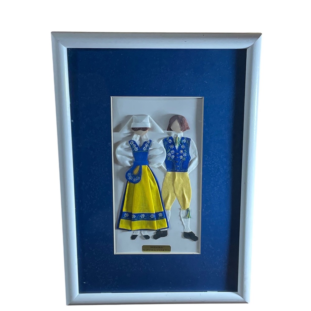 Vintage Swedish Folk Art Framed Textile National Costume‎ Blue Yellow handmade